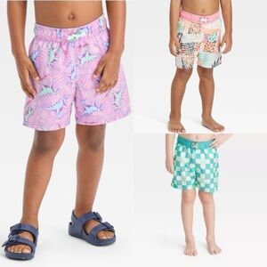 Cat & Jack Swim Shorts Trunks Lot Of 3 Size 4T Dinosaur Smiley Face Checker